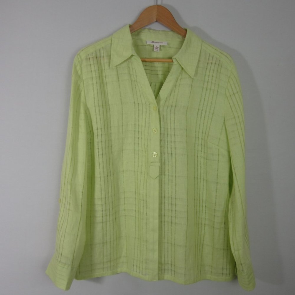 JM Collection Womens 16 Green Long Sleeve 100% Woven Linen Tunic Shirt Top Large